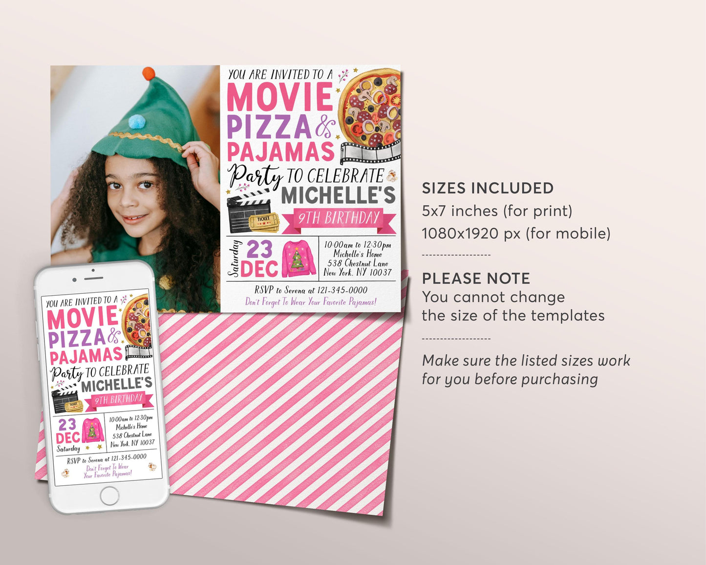 Christmas Movie Pizza Pajamas Birthday Invitation With Photo Editable Template, Holiday Movie Night Slumber Party Invite, Sleepover Evite