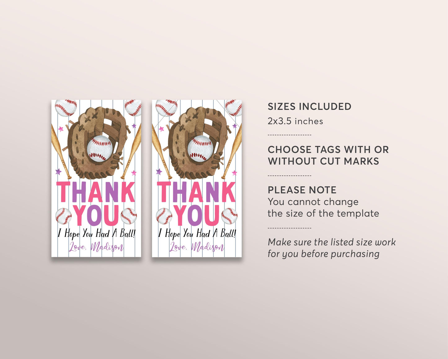 Baseball Birthday Party Favor Tags Editable Template, Girl Pink Baseball Little Rookie Thank You Treat Bag, Slugger Sports Theme Gift Tag