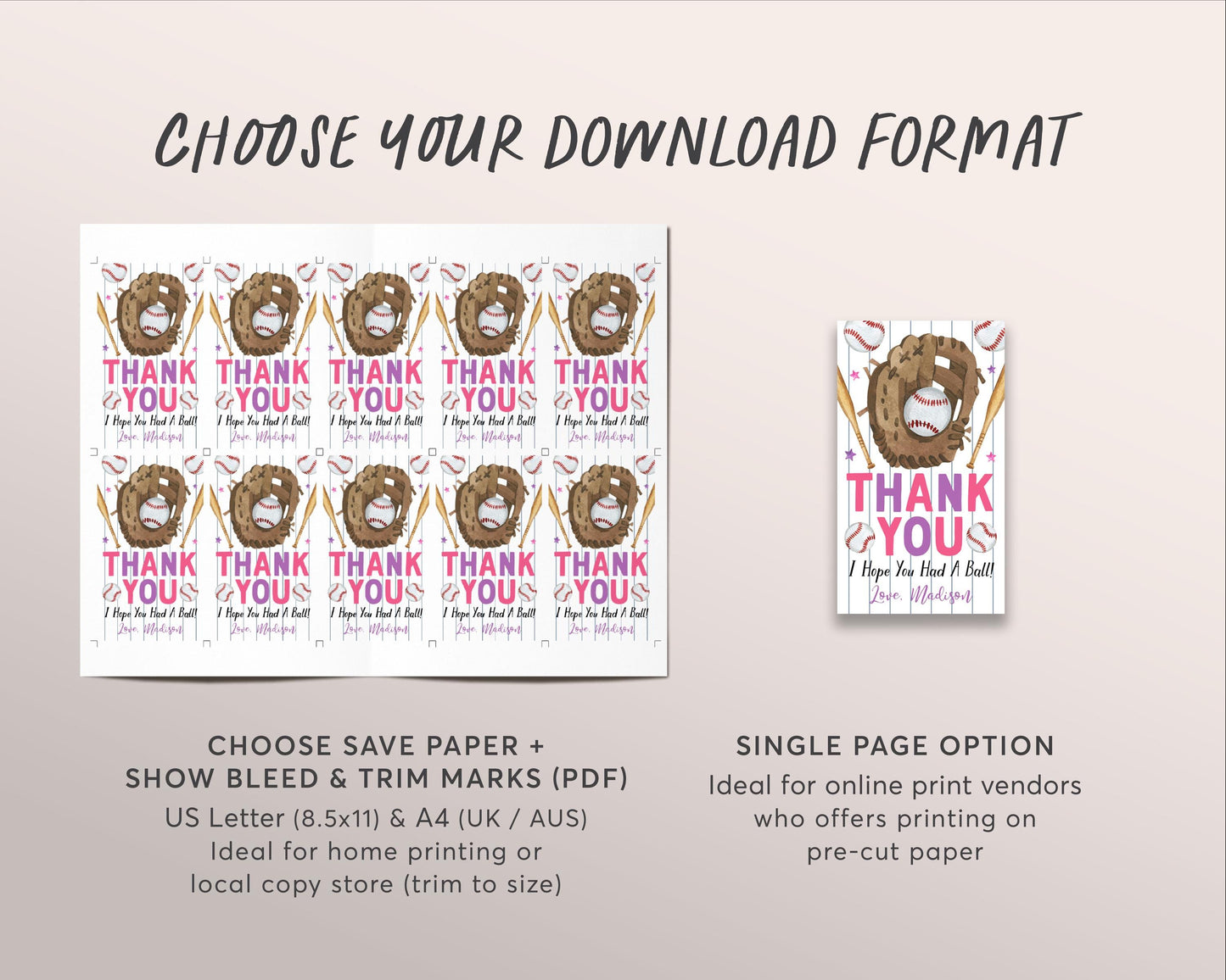 Baseball Birthday Party Favor Tags Editable Template, Girl Pink Baseball Little Rookie Thank You Treat Bag, Slugger Sports Theme Gift Tag