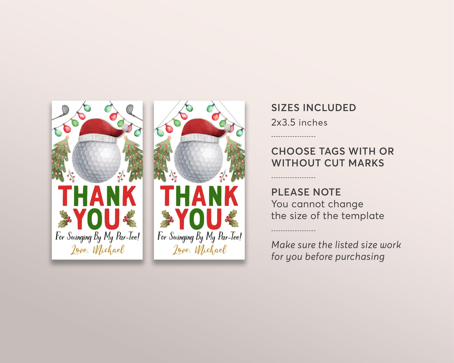 Christmas Golf Favor Tags Editable Template, Holiday Let's Par-Tee Golf Ball Birthday Party Thank You Treat Bag, Santa Golf Themed Gift Tags