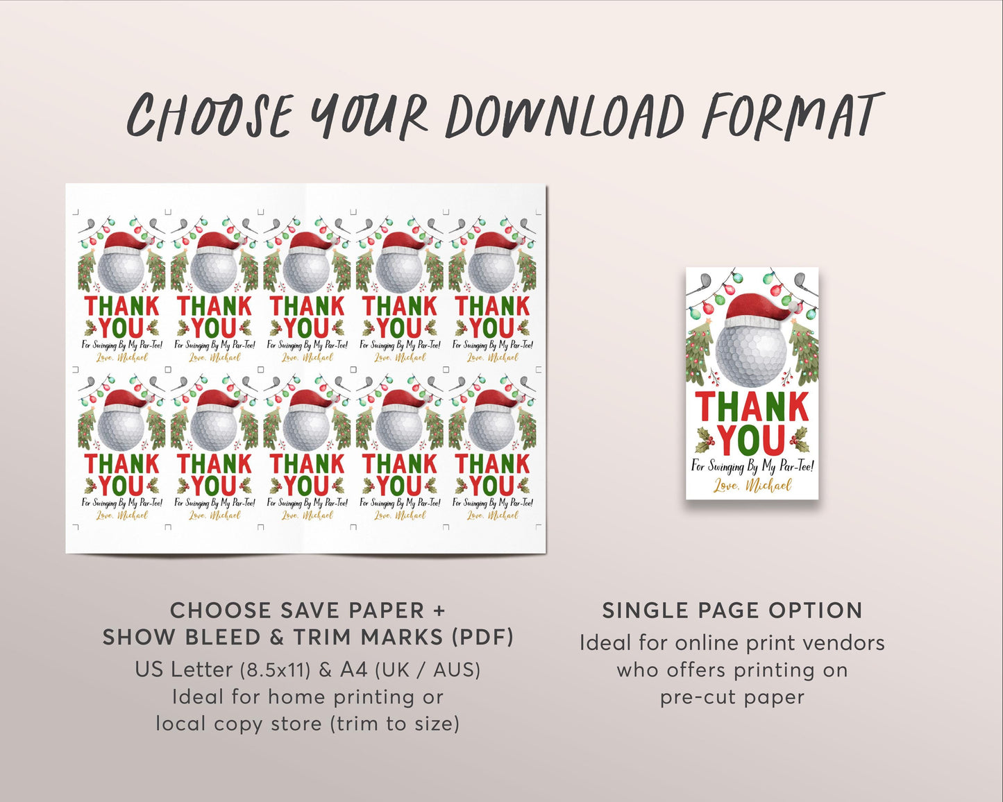 Christmas Golf Favor Tags Editable Template, Holiday Let's Par-Tee Golf Ball Birthday Party Thank You Treat Bag, Santa Golf Themed Gift Tags