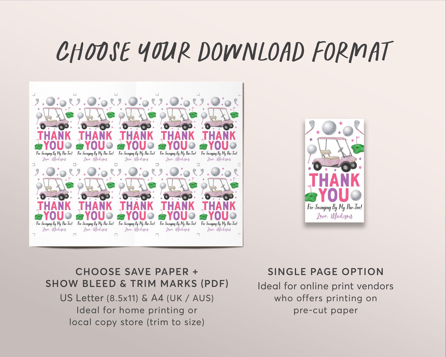 Golf Birthday Party Favor Tags Editable Template, Girl Pink Lets Par-Tee Masters Party Thank You Treat Bag, Golf Cart Golf Ball Gift Tags