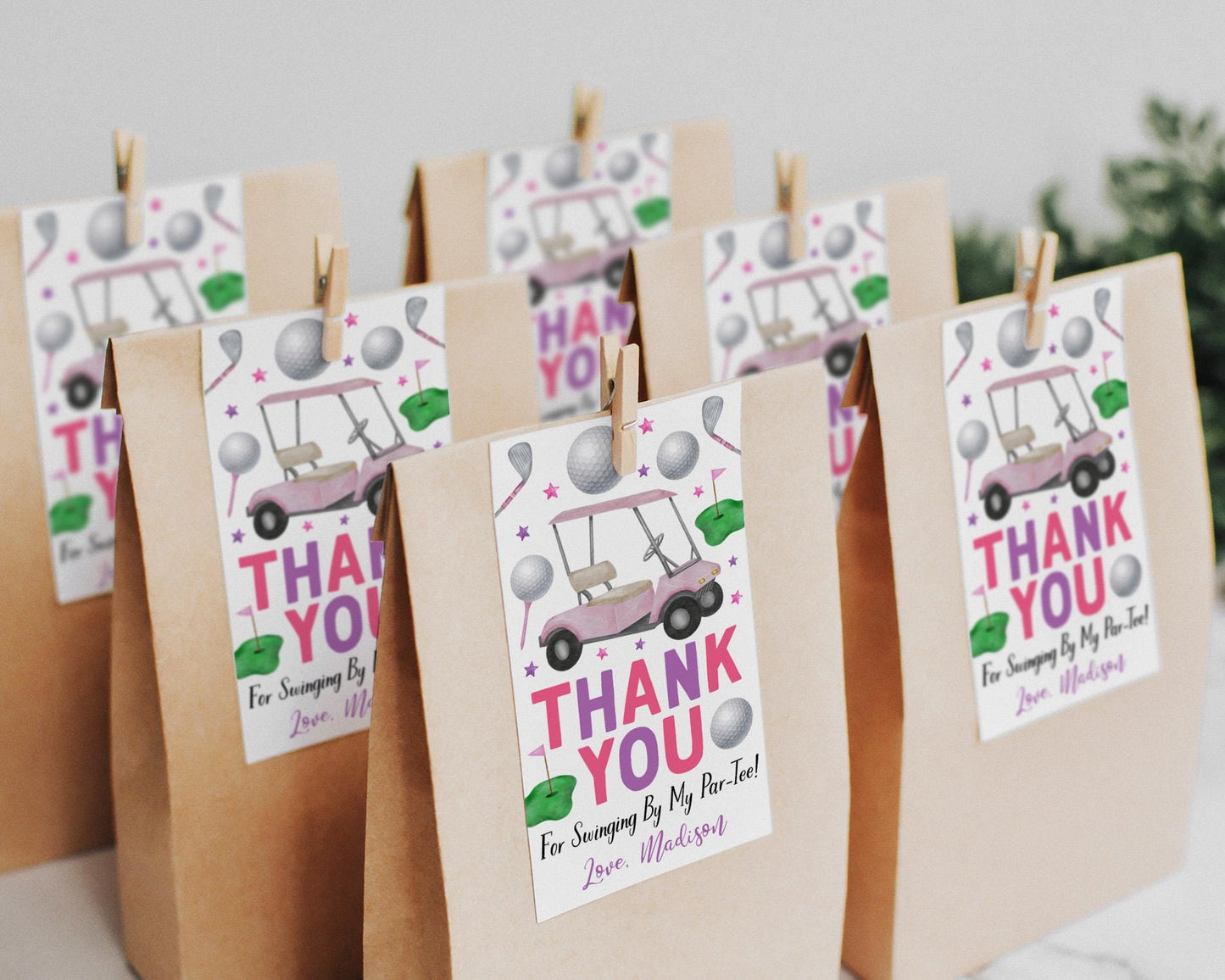 Golf Birthday Party Favor Tags Editable Template, Girl Pink Lets Par-Tee Masters Party Thank You Treat Bag, Golf Cart Golf Ball Gift Tags