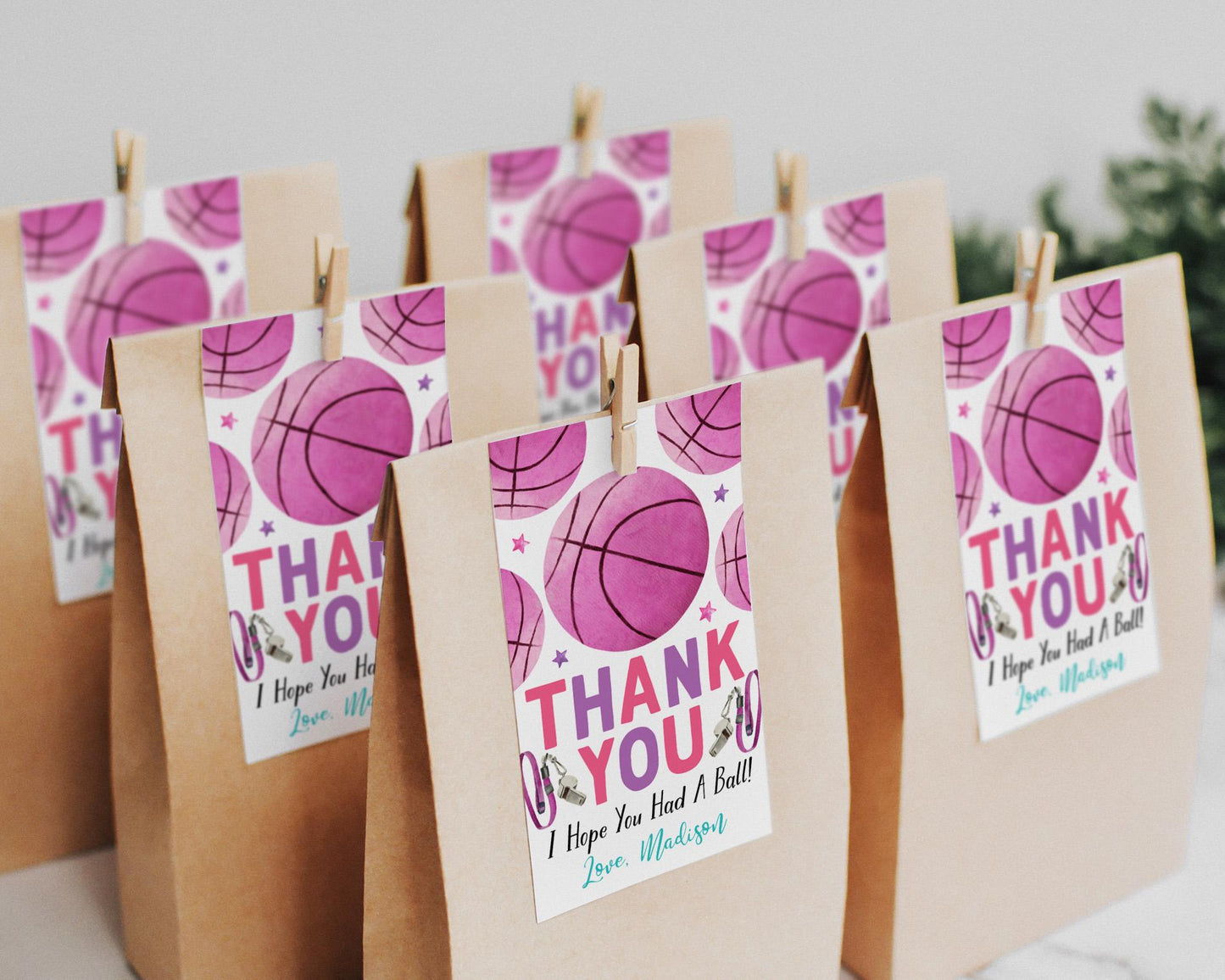 Basketball Birthday Party Favor Tags Editable Template, Girl Pink Basketball Party Thank You Treat Bag, End of Season Sports Theme Gift Tag