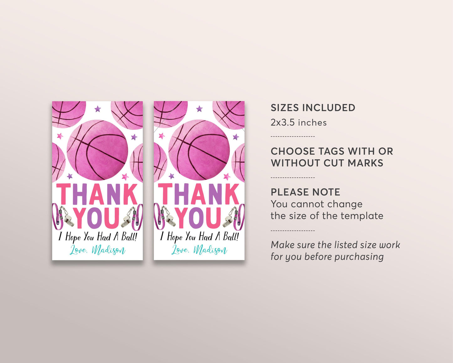 Basketball Birthday Party Favor Tags Editable Template, Girl Pink Basketball Party Thank You Treat Bag, End of Season Sports Theme Gift Tag