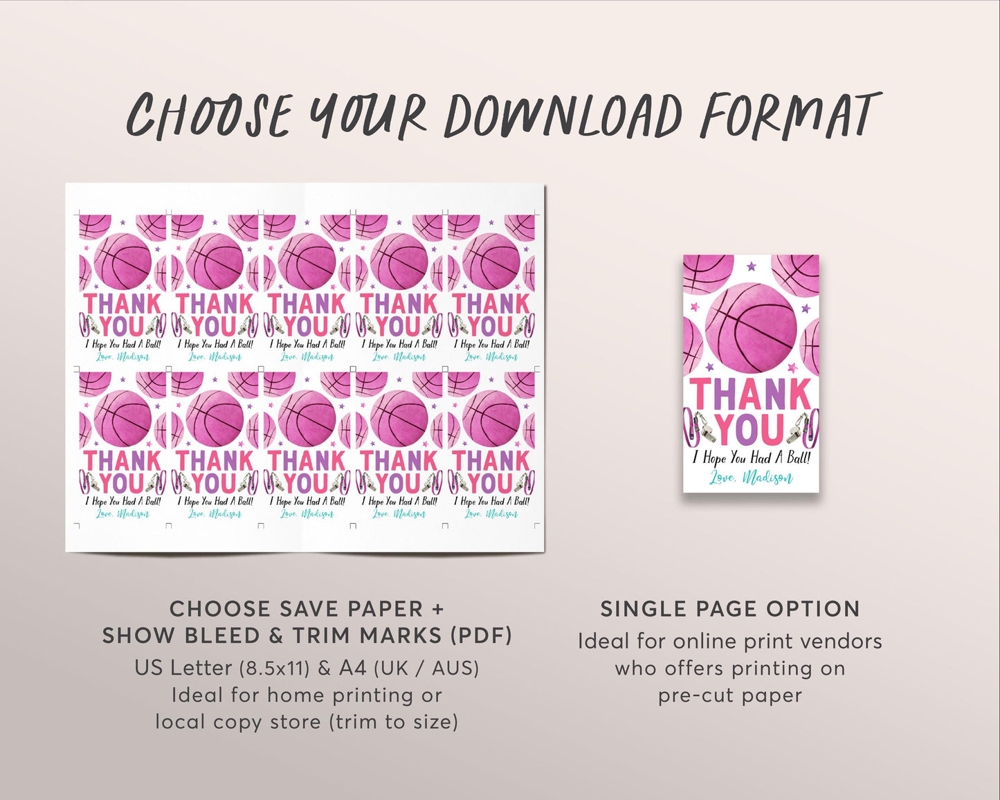 Basketball Birthday Party Favor Tags Editable Template, Girl Pink Basketball Party Thank You Treat Bag, End of Season Sports Theme Gift Tag