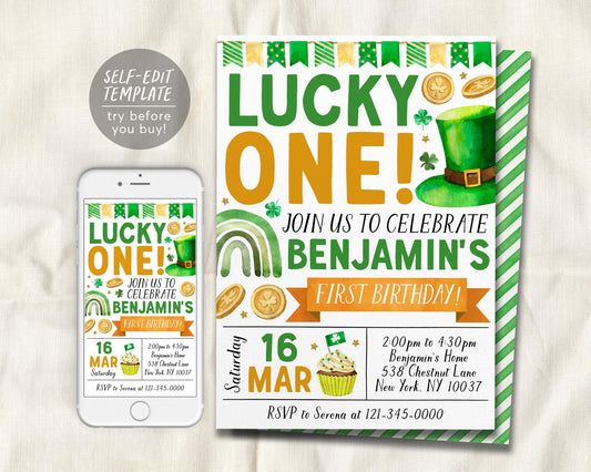 Lucky One First Birthday Invitation Editable Template