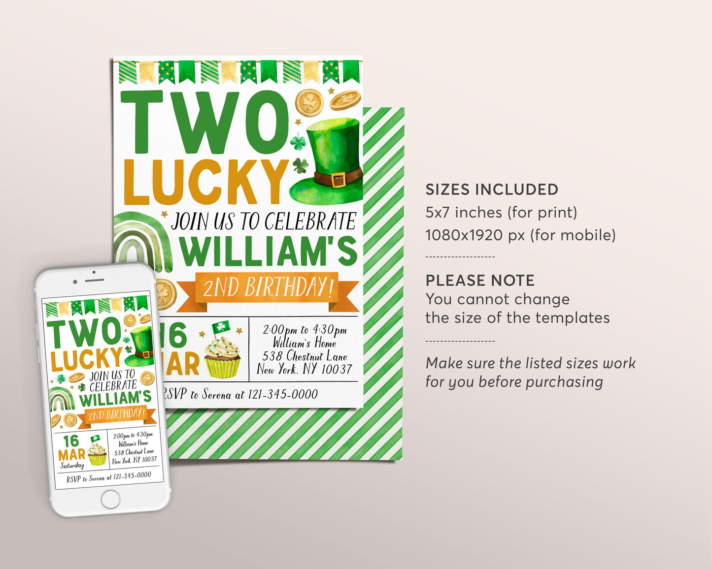 Two Lucky Second Birthday Invitation Editable Template, St Patrick's Day Shamrock 2nd Birthday Party Invite Printable Evite, St Paddy's Day