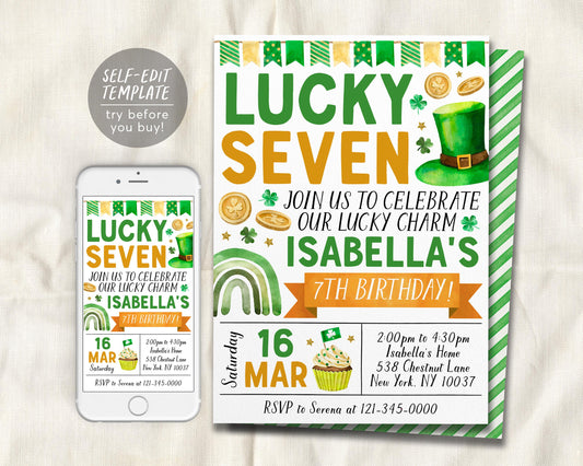 Lucky Seven 7th Birthday Invitation Editable Template