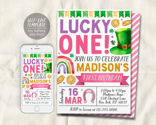 Lucky One First Birthday Invitation Editable Template