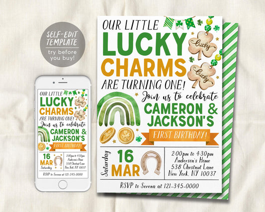 Lucky Charm Joint Siblings Birthday Invitation Editable Template