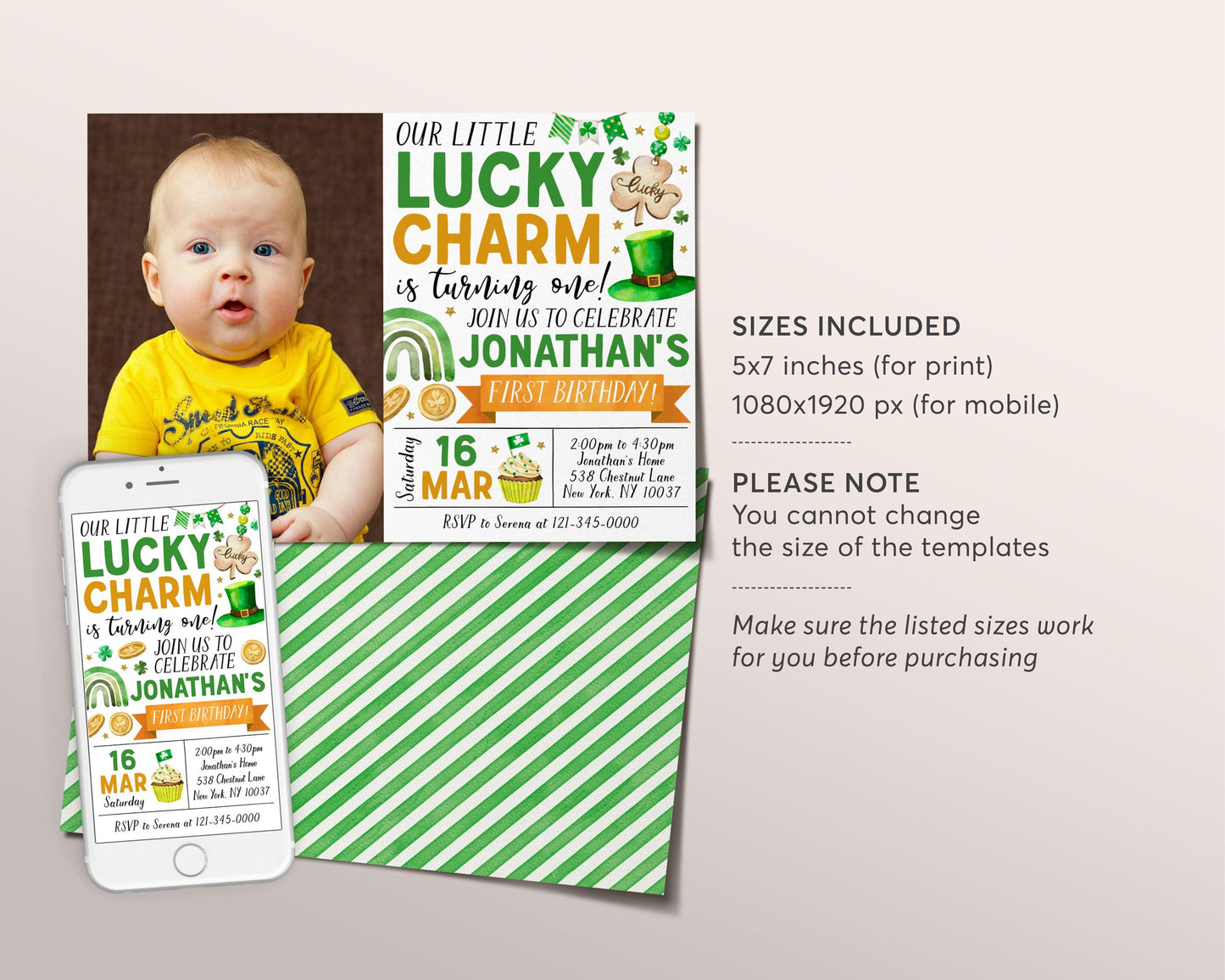 Lucky Charm Birthday Invitation With Photo Editable Template, St Patrick's Day Shamrock 1st First Birthday Party Invite Printable Evite