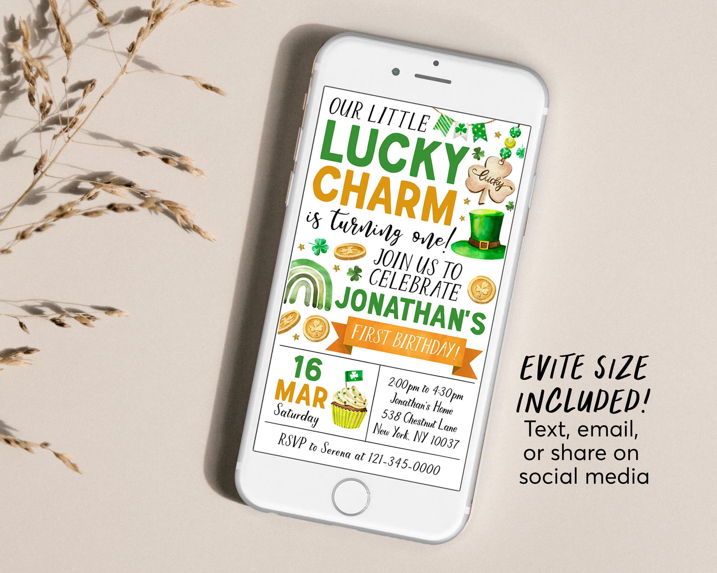 Lucky Charm Birthday Invitation With Photo Editable Template, St Patrick's Day Shamrock 1st First Birthday Party Invite Printable Evite