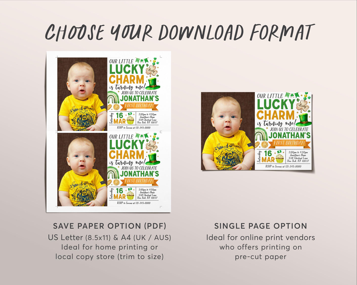 Lucky Charm Birthday Invitation With Photo Editable Template, St Patrick's Day Shamrock 1st First Birthday Party Invite Printable Evite