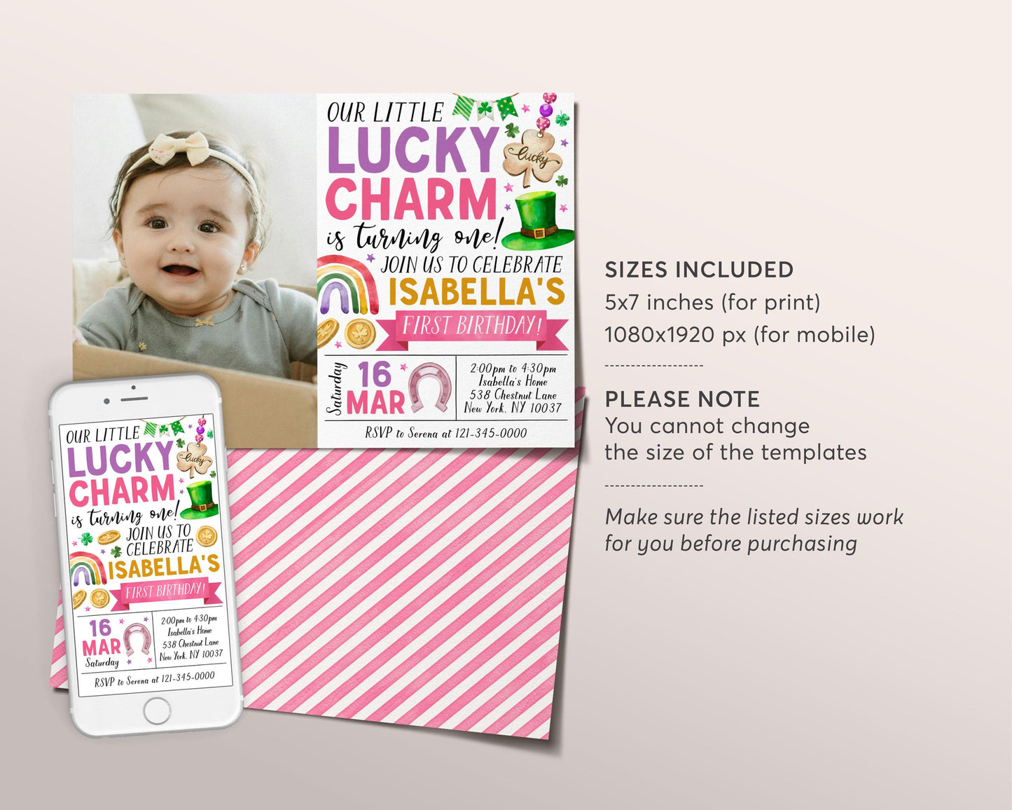 Lucky Charm Birthday Invitation With Photo Editable Template, Pink Girl St Patrick's Day Shamrock 1st First Birthday Party Invite Evite