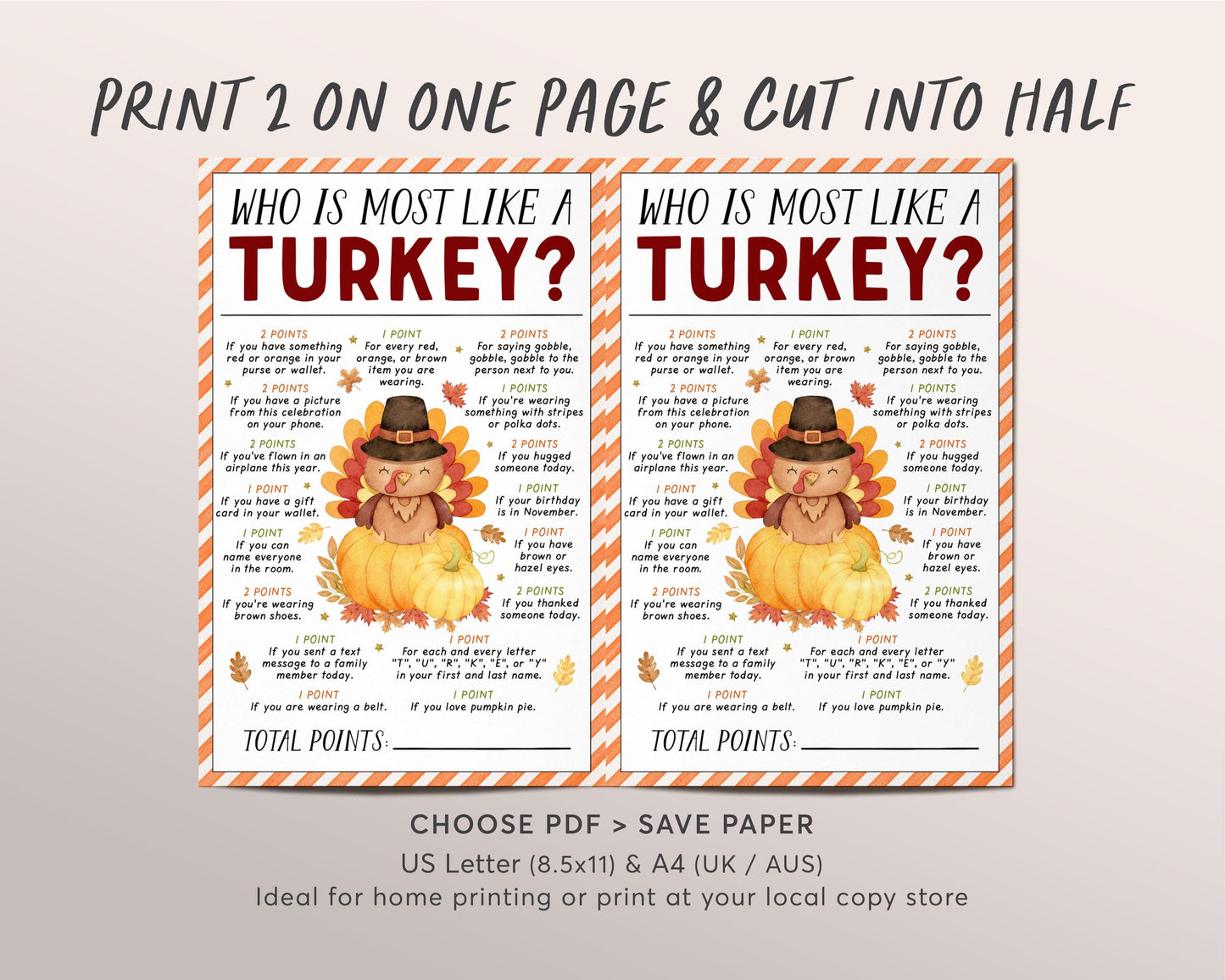 Thanksgiving Game Who Is Most Like The Turkey Printable, Fall Thanksgiving Office Party Icebreaker Group Game Activity For Kids And Adults