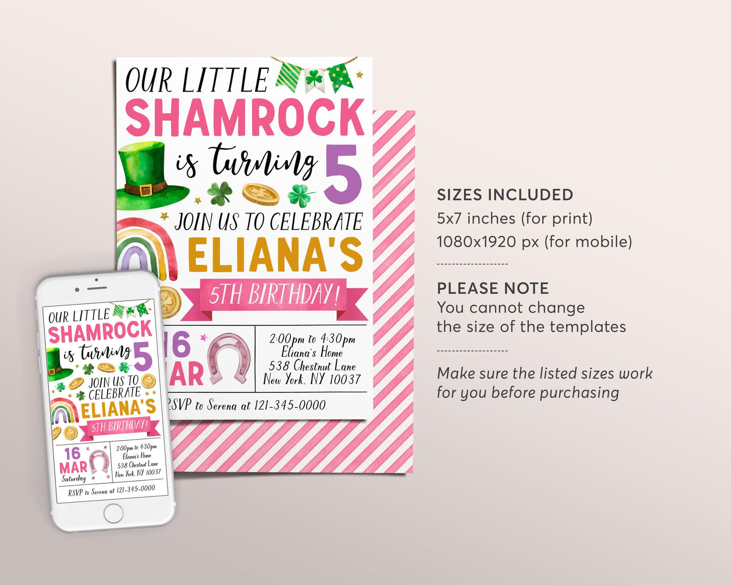 Shamrock Birthday Invitation Editable Template, Girl Pink St Patrick's Day Clover Birthday Party Invite Evite, Our Little Shamrock Rainbow