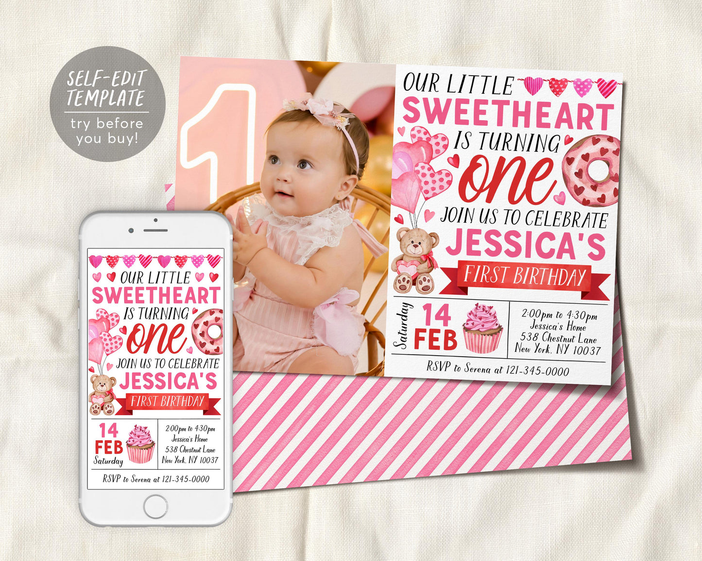 Sweetheart First Birthday Invitation With Photo Editable Template