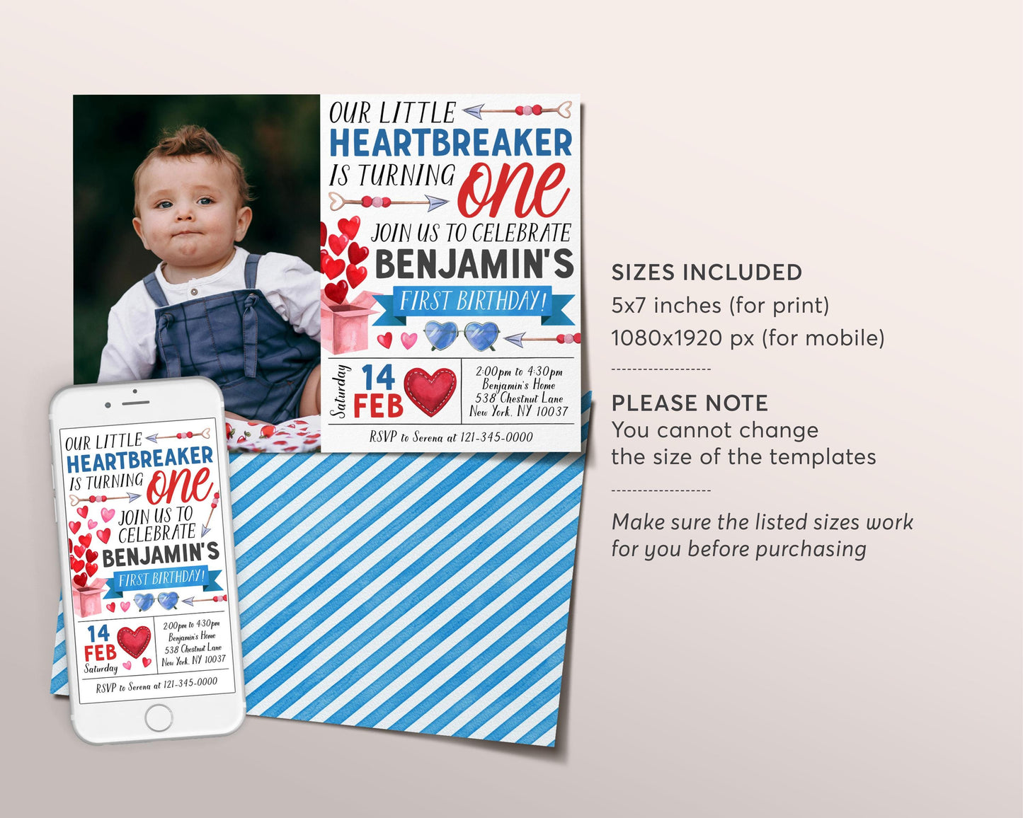 Heartbreaker First Birthday Invitation With Photo Editable Template, Valentines Day Hearts Party Invite, Valentine Our Little Heartbreaker