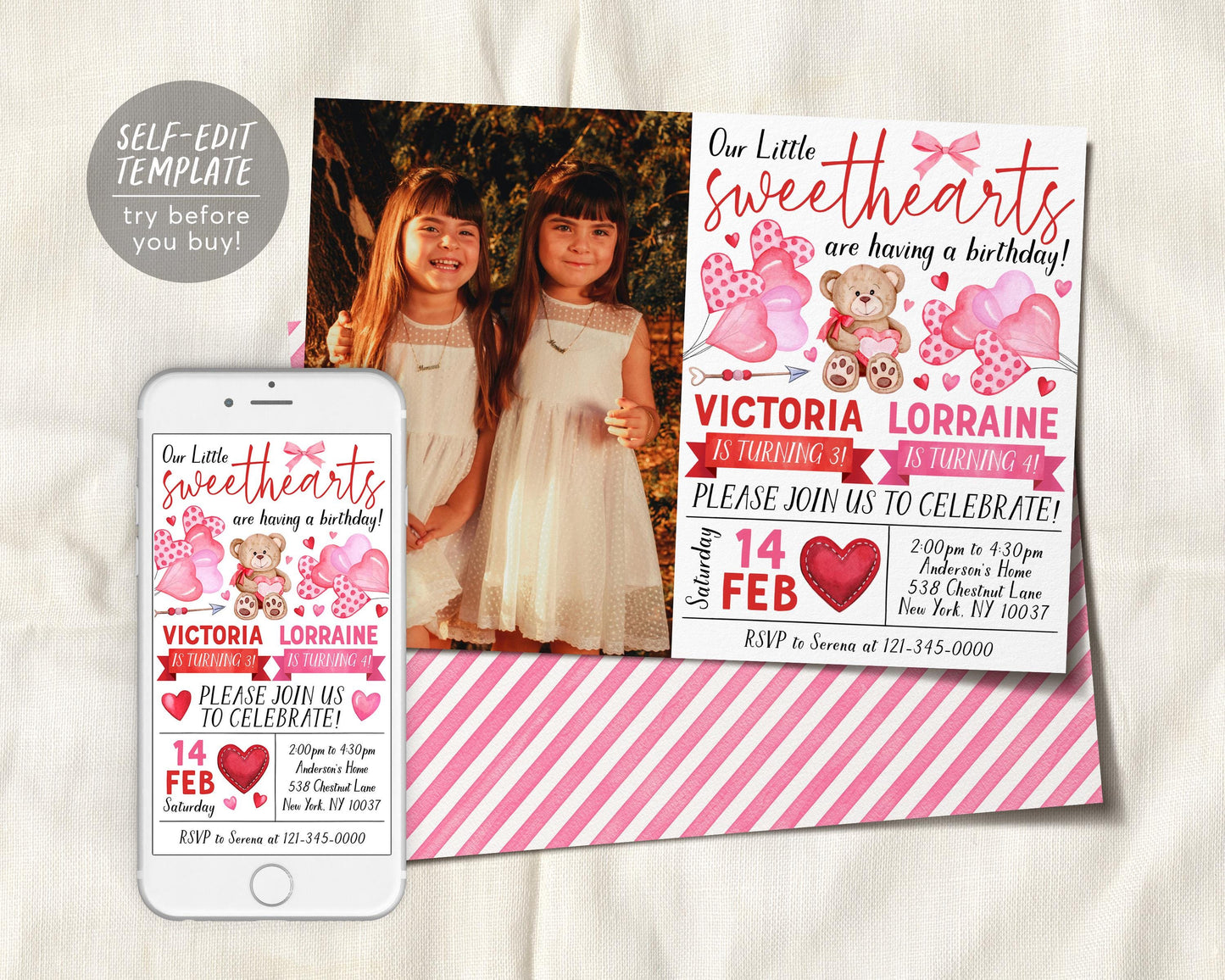 Valentines Day Joint Siblings Birthday Invitation With Photo Editable Template