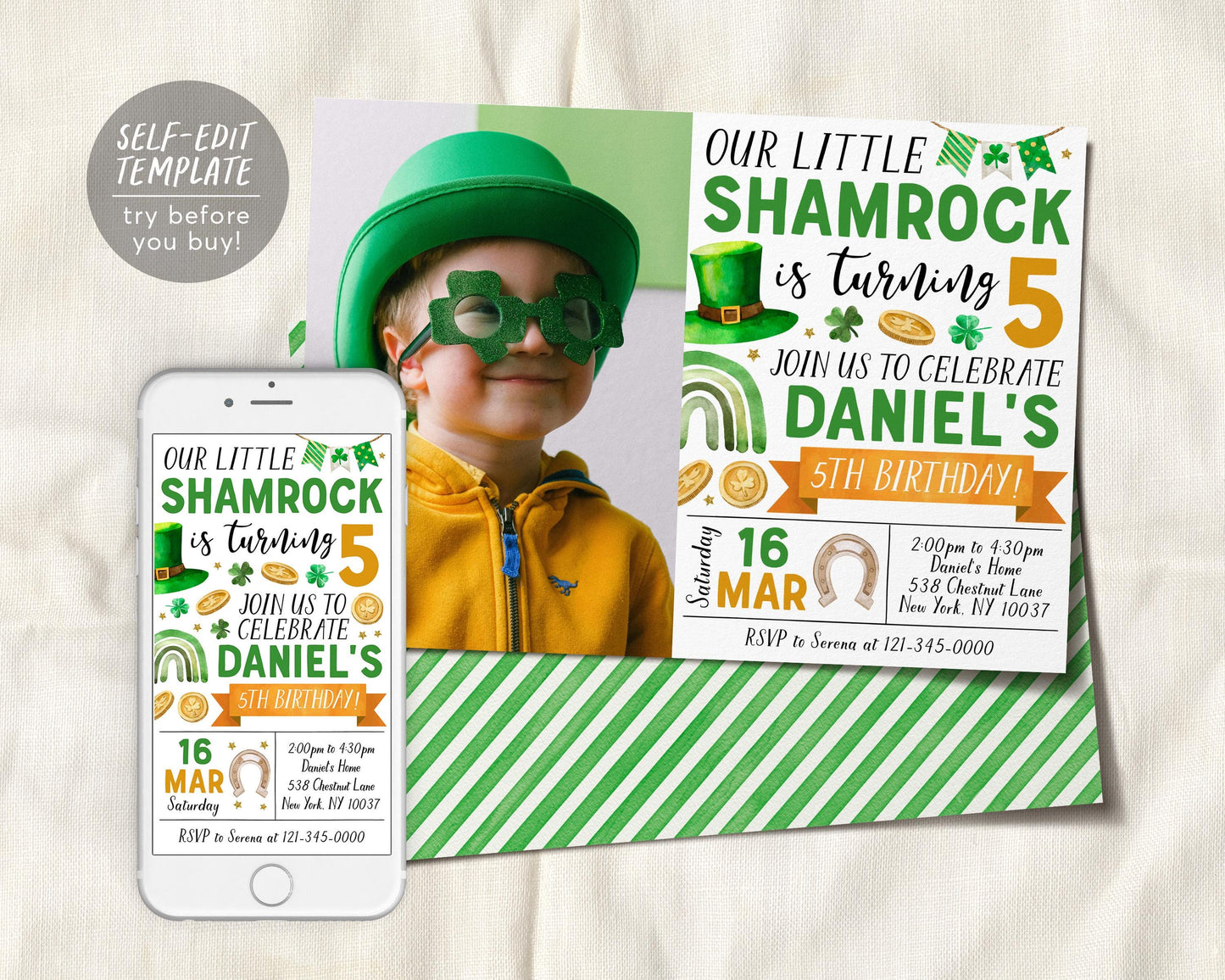 Shamrock Birthday Invitation With Photo Editable Template