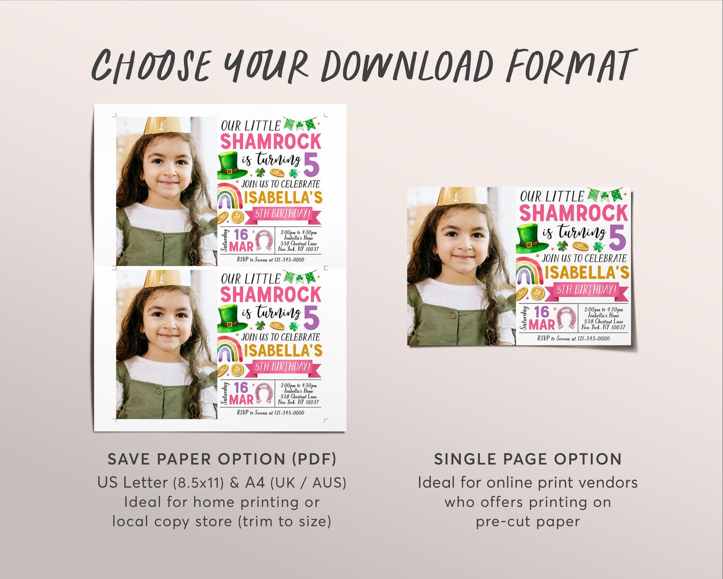 Shamrock Birthday Invitation With Photo Editable Template, Girl Pink St Patrick's Day Clover Birthday Party Invite Evite Our Little Shamrock