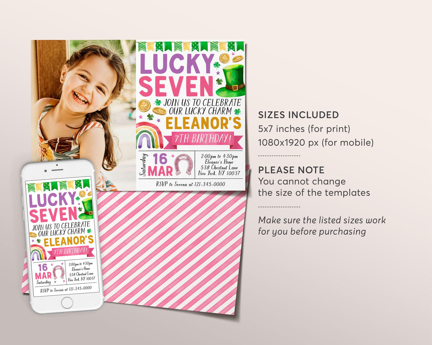 Lucky Seven 7th Birthday Invitation With Photo Editable Template, Pink Girl St Patrick's Day Shamrock Birthday Party Invite, Our Lucky Charm