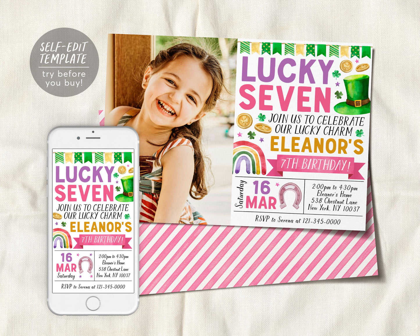 Lucky Seven 7th Birthday Invitation With Photo Editable Template