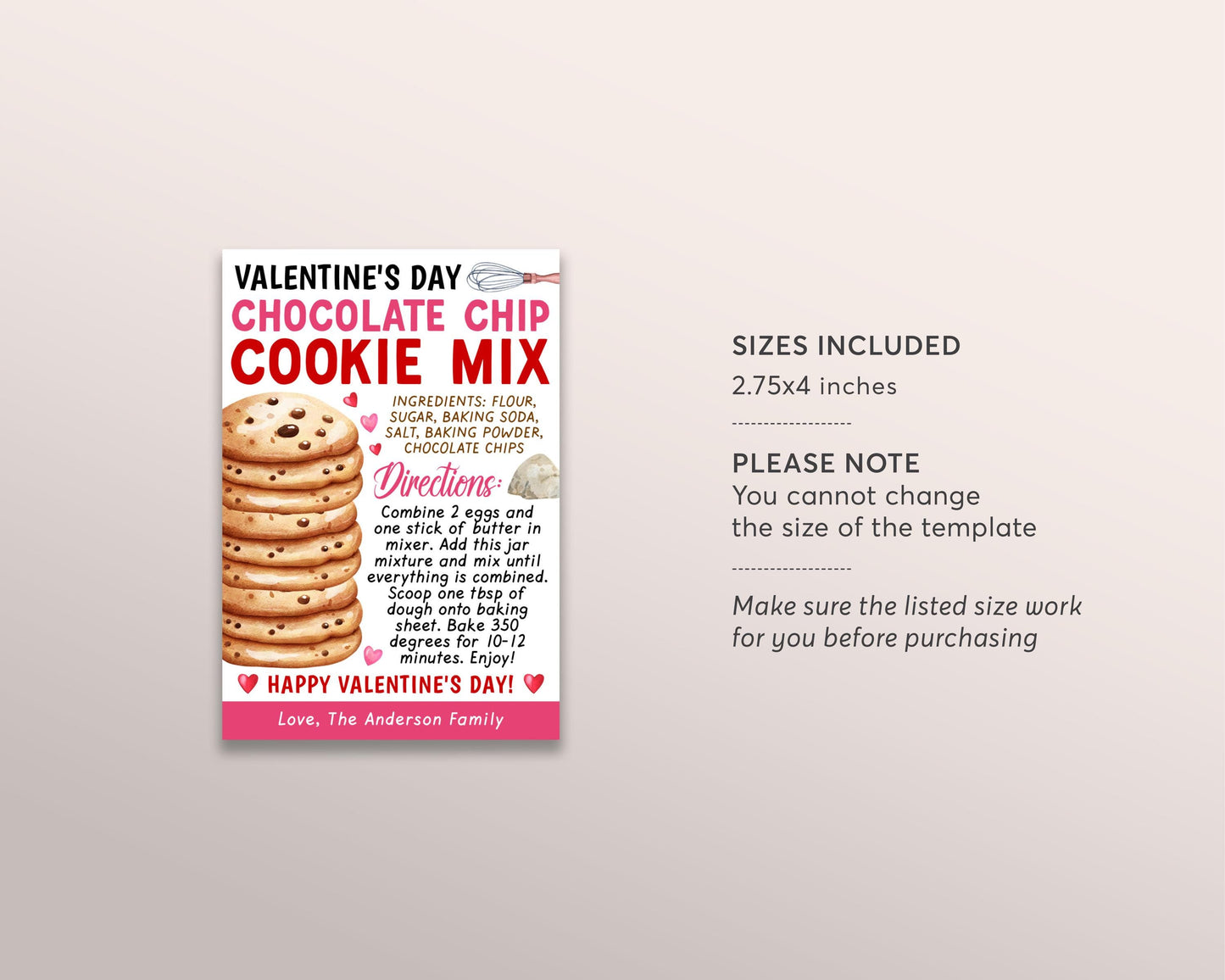 Valentine's Day Cookie Mix in a Jar Gift Tag Editable Template, Valentine Chocolate Chip Cookie Recipe Favor Tag, Friend Neighbor Teacher