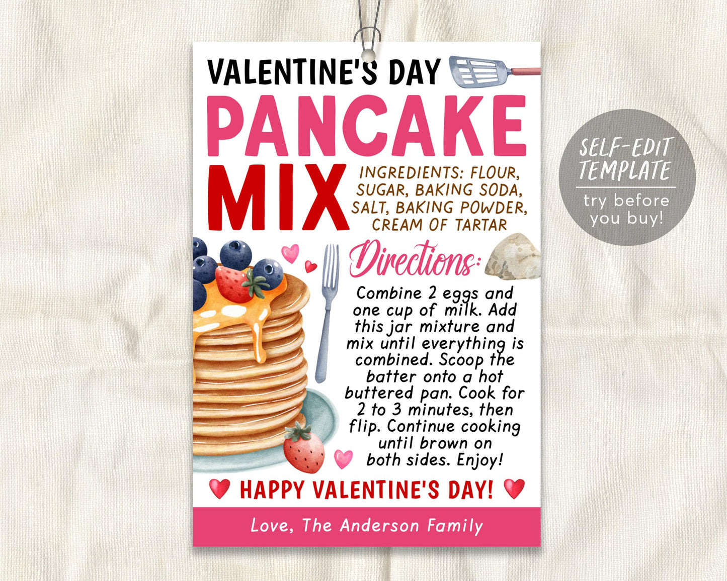 Valentine&#39;s Day Pancake Mix in a Jar Gift Tag Editable Template