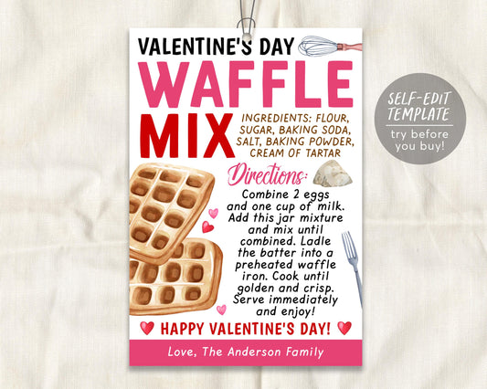 Valentine&#39;s Day Waffle Mix in a Jar Gift Tag Editable Template