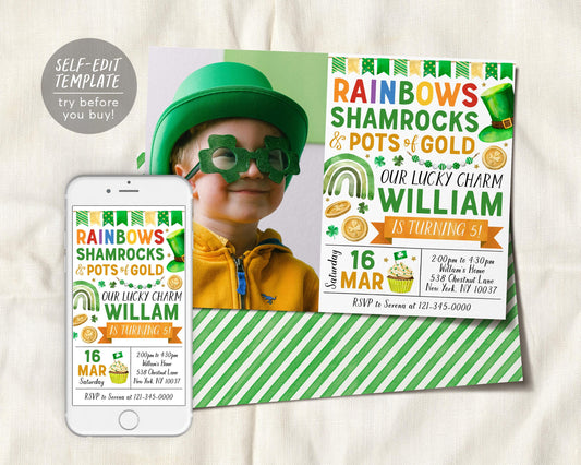 St Patrick&#39;s Day Birthday Invitation With Photo Editable Template