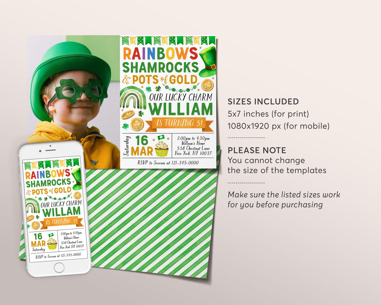 St Patrick's Day Birthday Invitation With Photo Editable Template, Rainbows Shamrock Pots of Gold Party Invite, St Patty's Day Lucky Charm