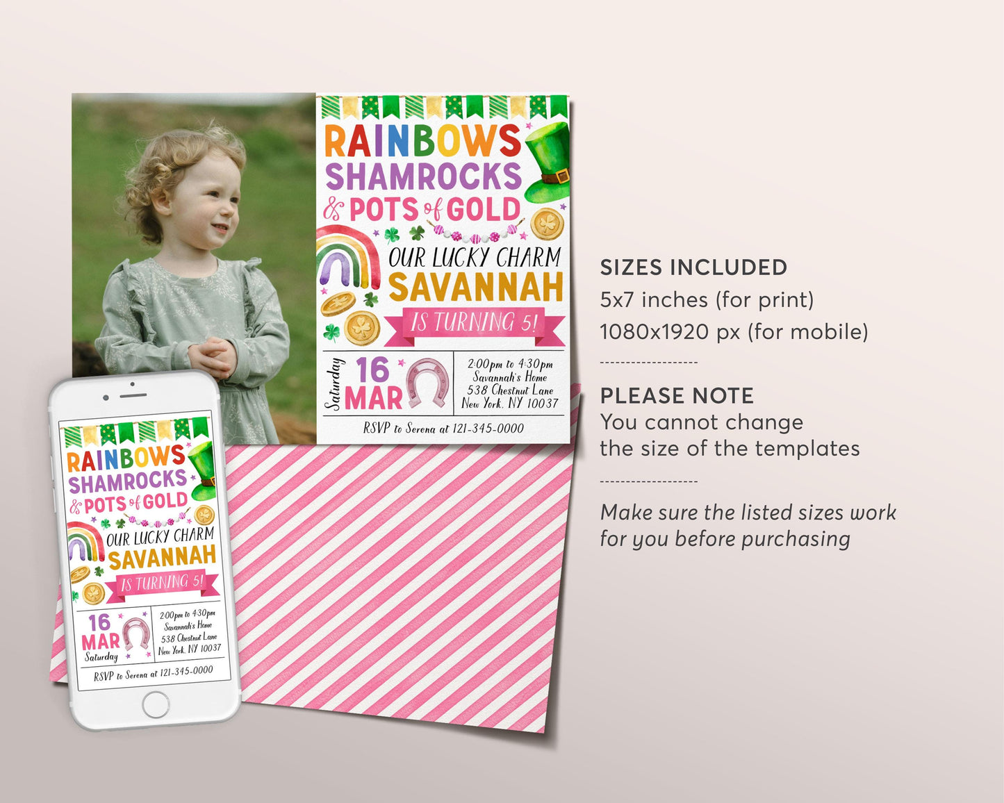 St Patrick's Day Birthday Invitation With Photo Editable Template, Pink Girl Rainbows Shamrock Pots of Gold Party Invite, St Patty's Day