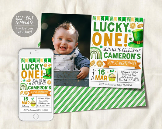 Lucky One First Birthday Invitation With Photo Editable Template,