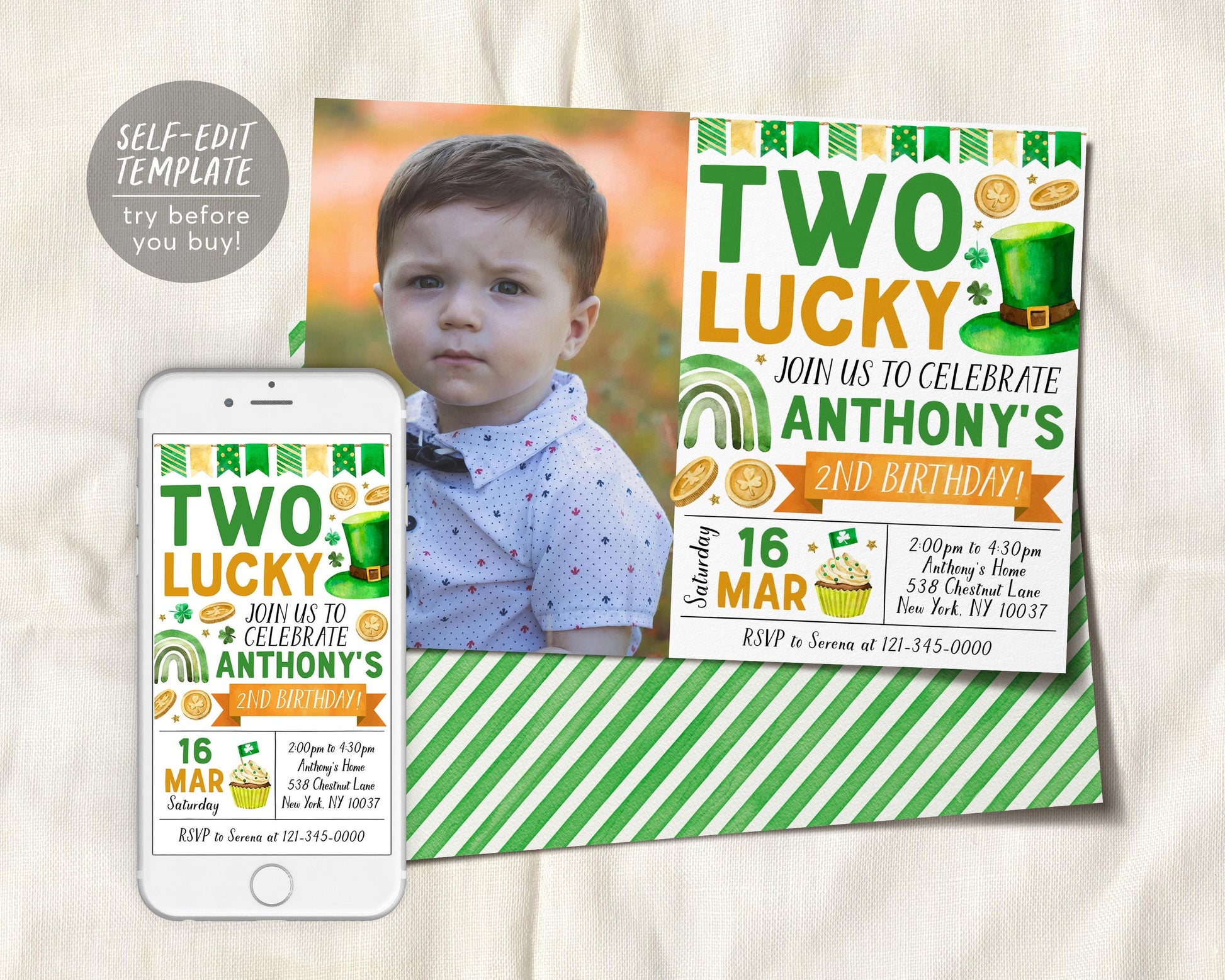 Two Lucky Second Birthday Invitation With Photo Editable Template