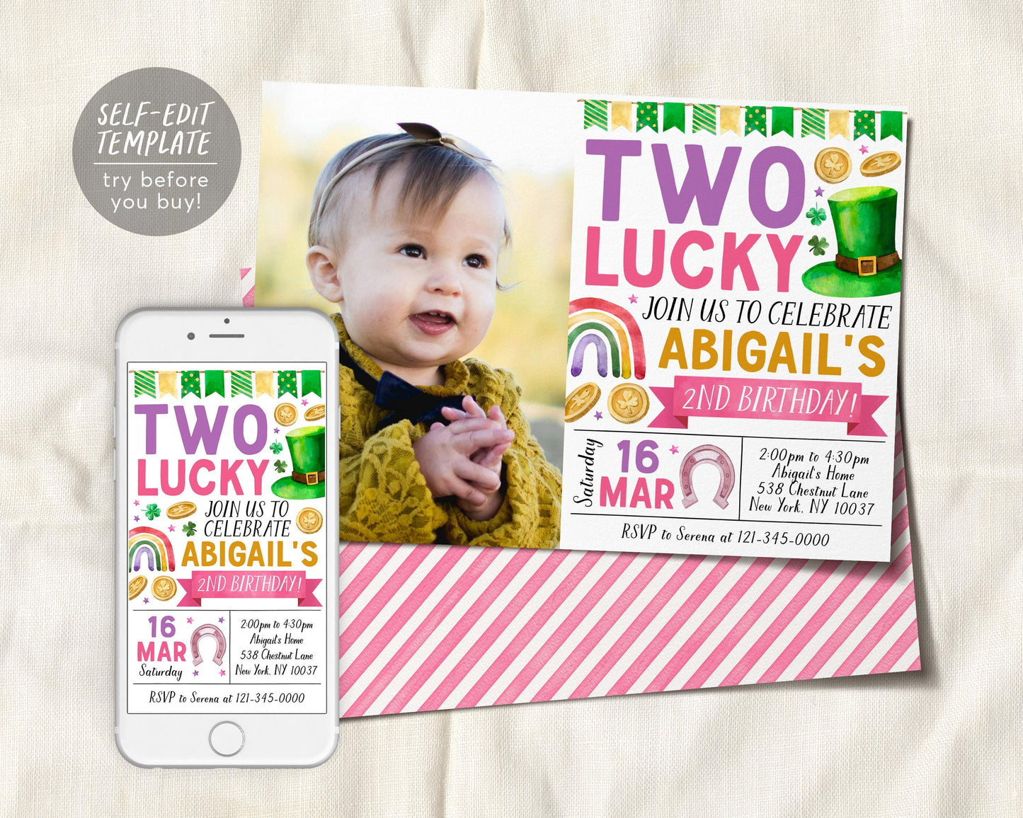 Two Lucky Second Birthday Invitation Editable Template