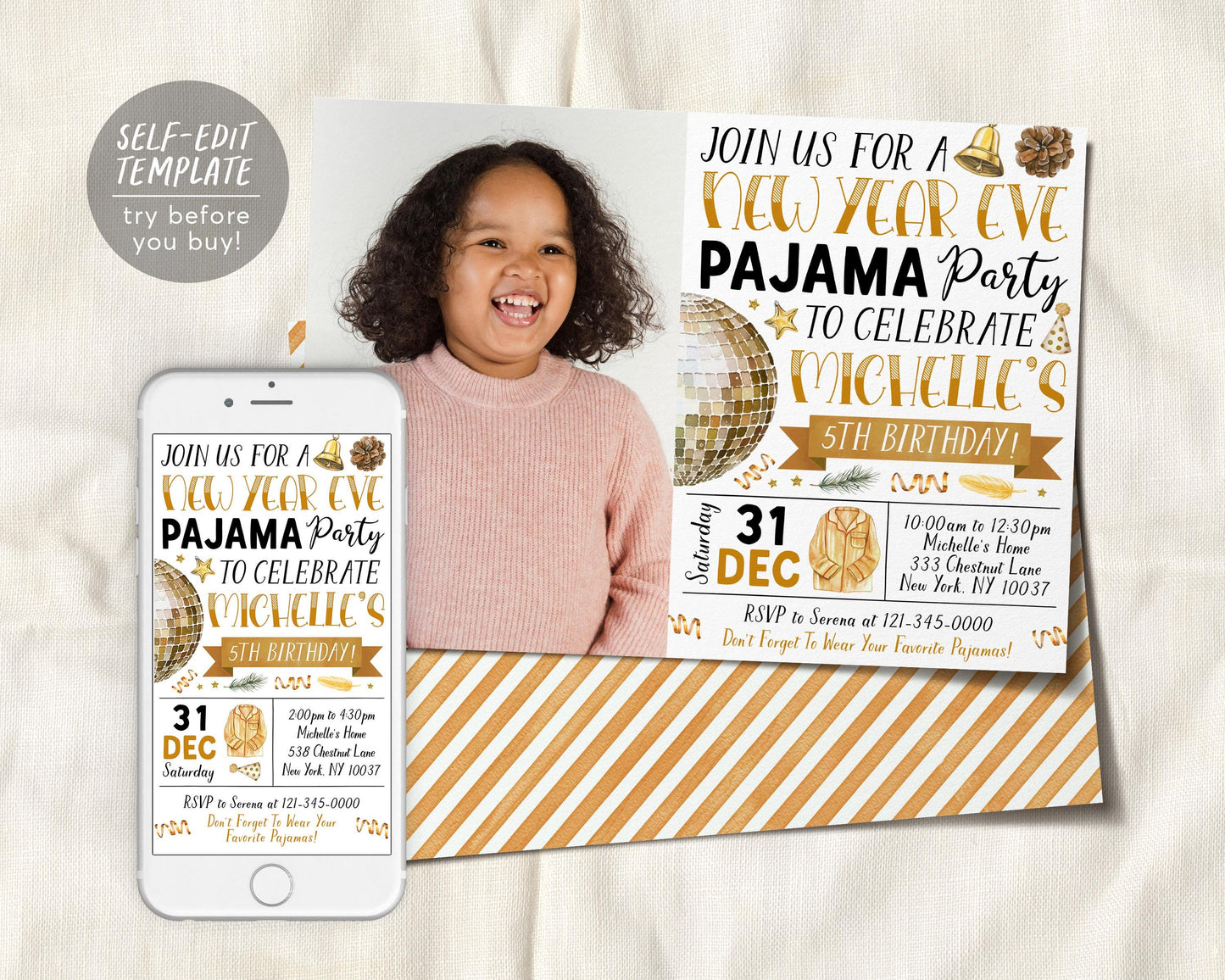 New Year Eve Pajama Party Invitation With Photo Editable Template