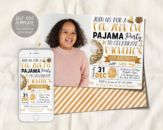 New Year Eve Pajama Party Invitation With Photo Editable Template