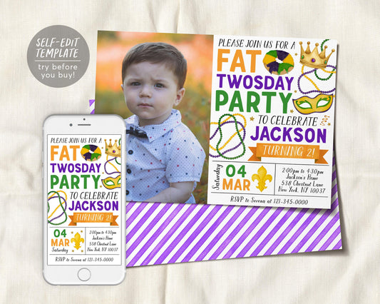 Fat Twosday Second Birthday Invitation With Photo Editable Template