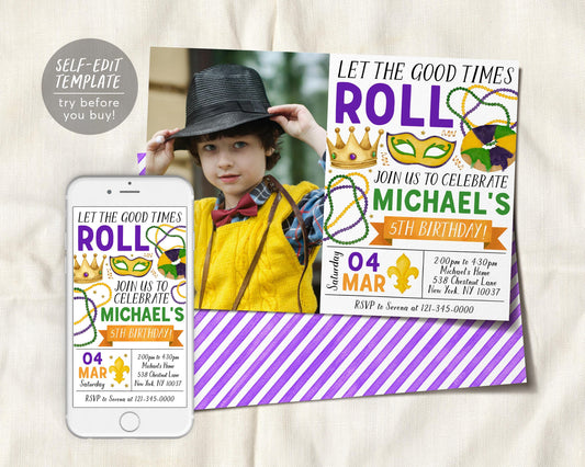 Mardi Gras Birthday Invitation With Photo Editable Template