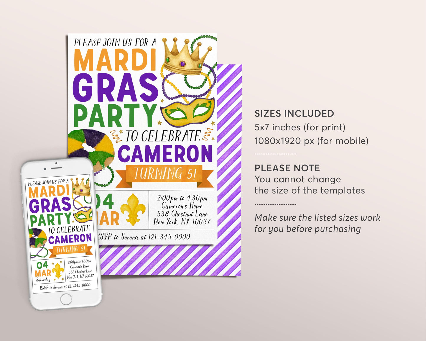 Mardi Gras Birthday Invitation Editable Template, Mardi Gras Fat Tuesday Party Invite, Let The Good Times Roll New Orleans King Cake Evite