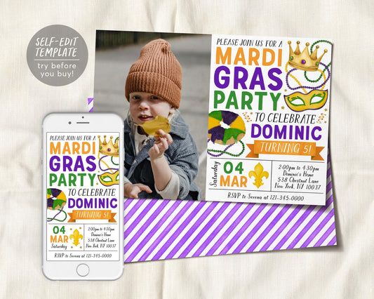 Mardi Gras Birthday Invitation With Photo Editable Template