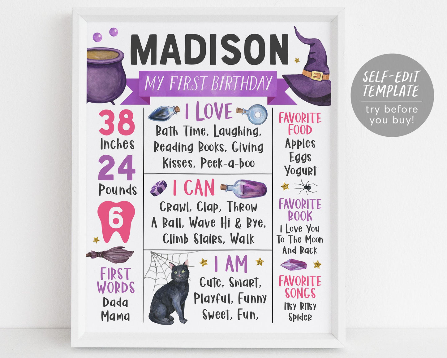 Witch Birthday Milestone Sign Editable Template