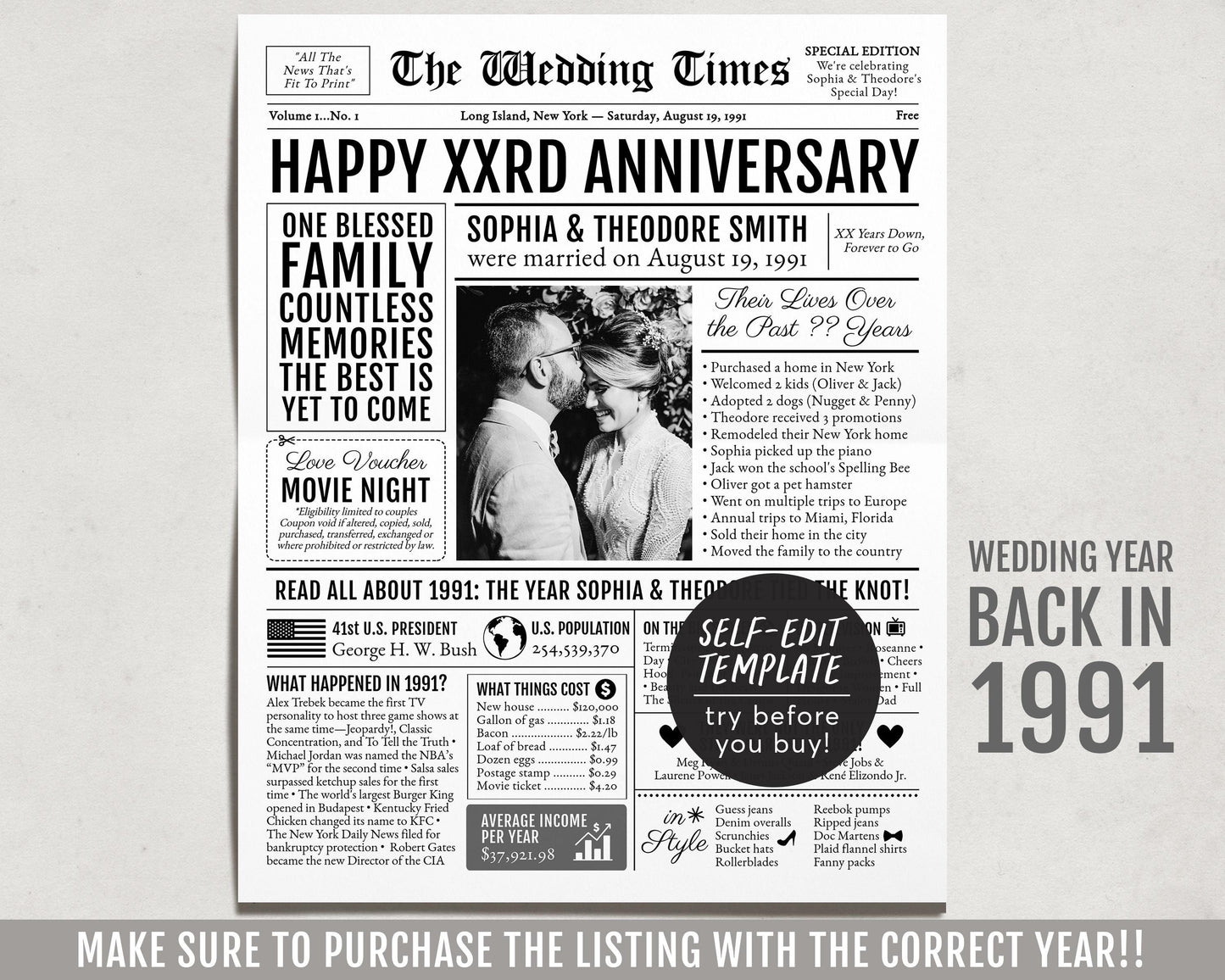 Back in 1991 33rd 34th 35th Anniversary Gift Newspaper Editable Template