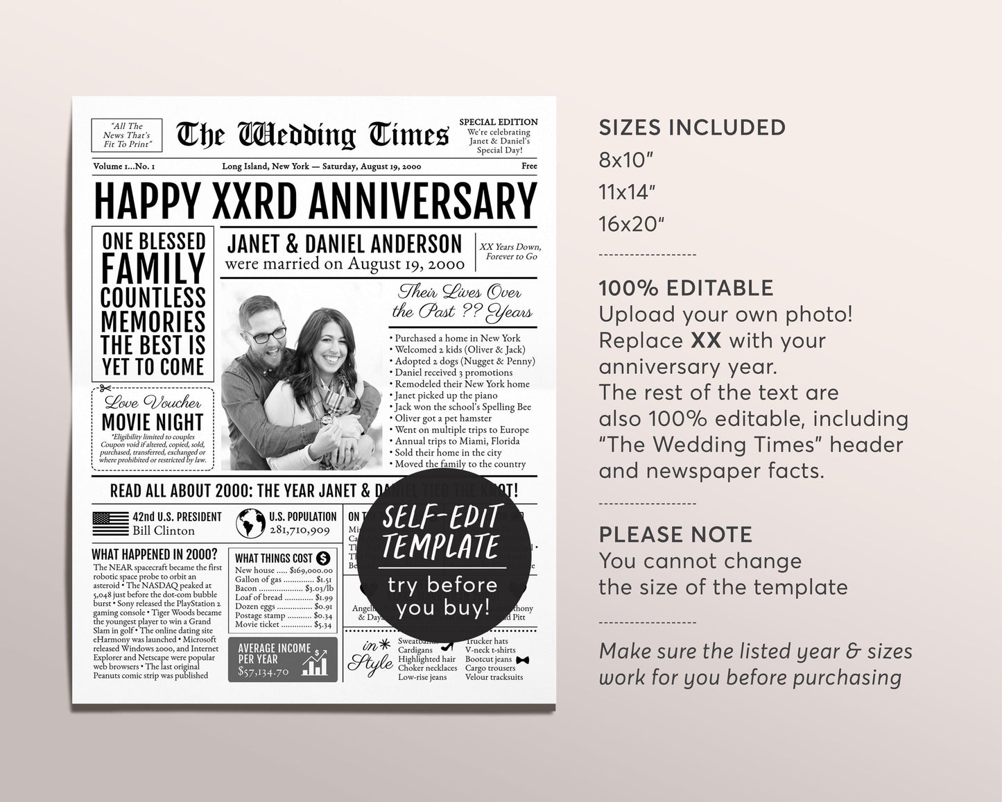 Back in 2000 24th 25th 26th Anniversary Gift Newspaper Editable Template, Personalized 24 25 26 Year Wedding For Parents Husband Or Wife