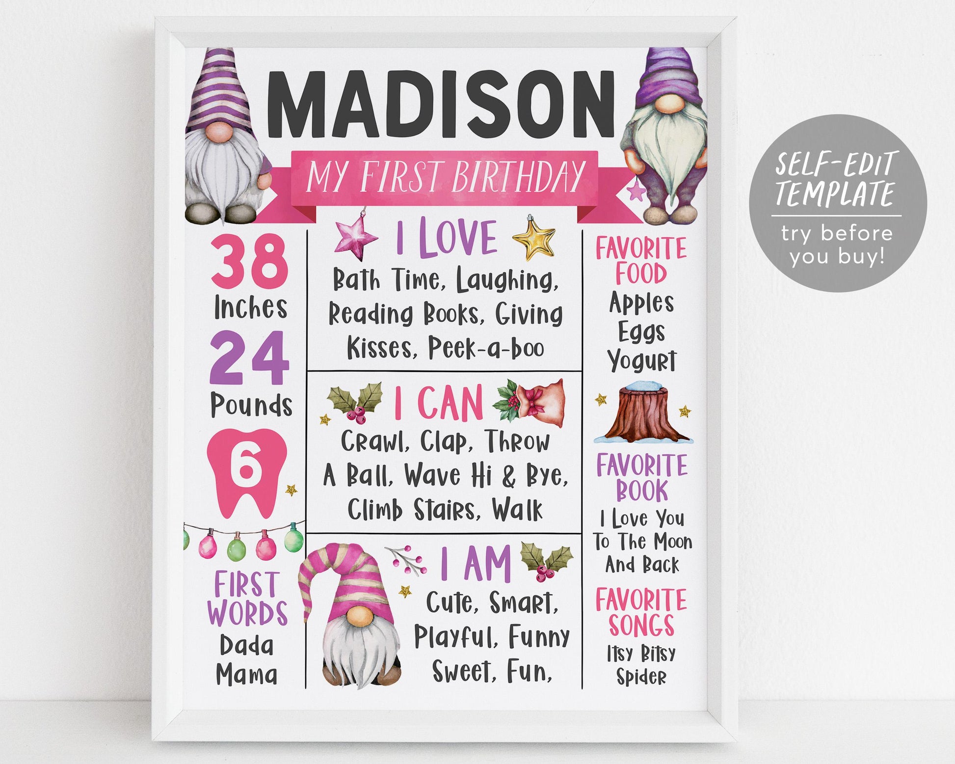 Gnome Birthday Milestone Sign Editable Template