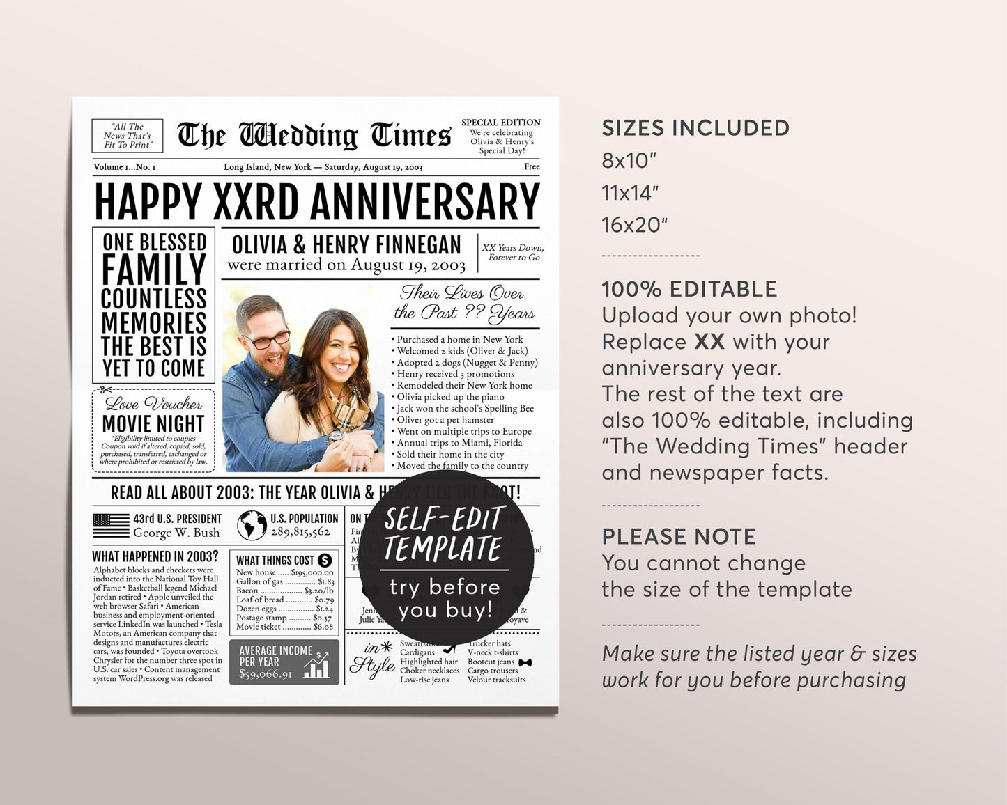 Back in 2003 21st 22nd 23rd Anniversary Gift Newspaper Editable Template, Personalized 21 22 23 Year Wedding For Parents Husband Or Wife