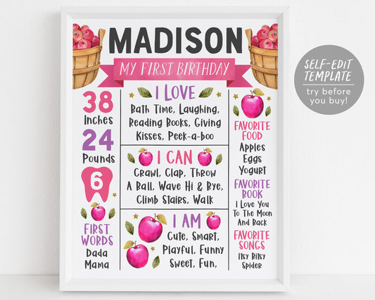 Apple Birthday Milestone Sign Editable Template