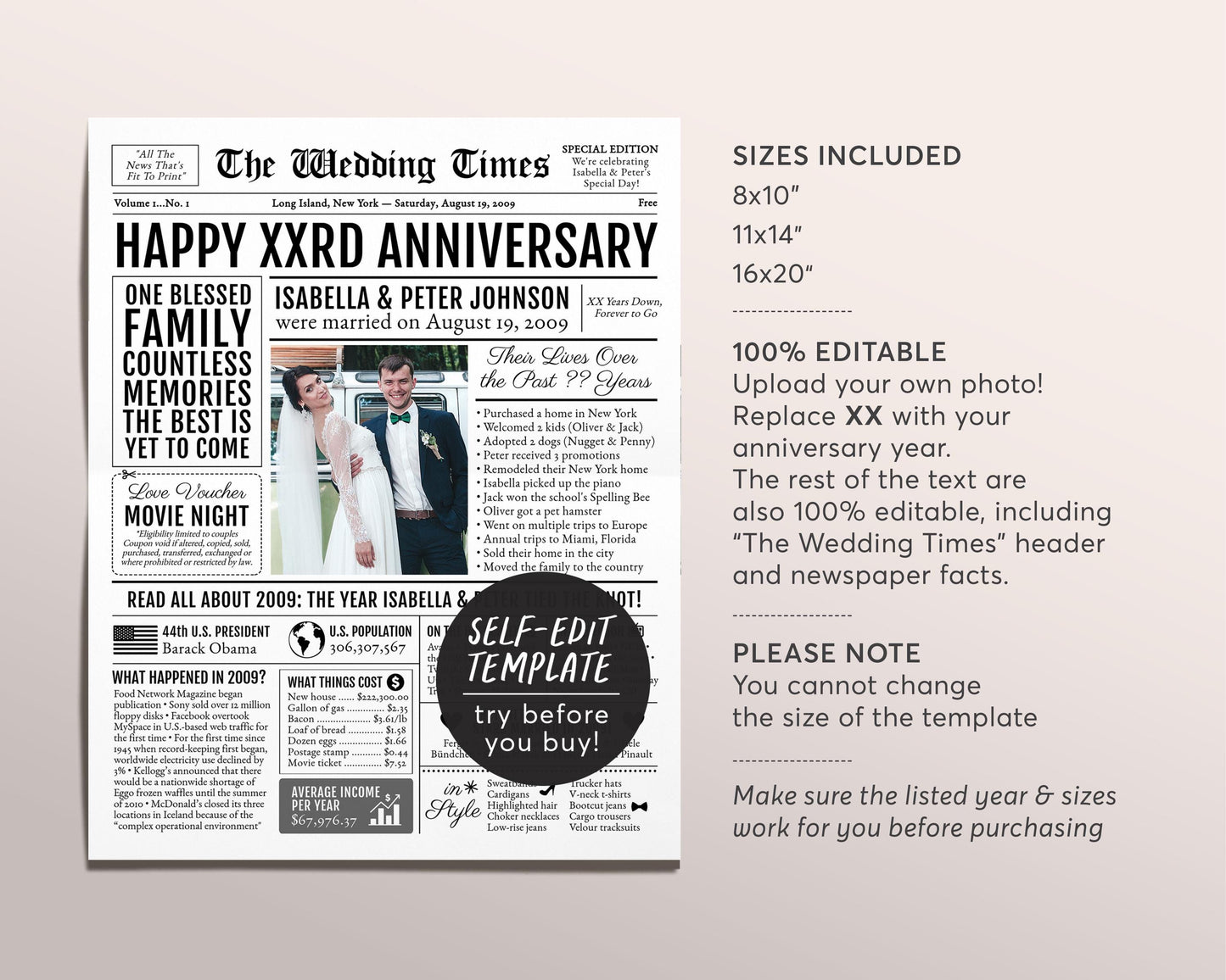 Back in 2009 15th 16th 17th Anniversary Gift Newspaper Editable Template, Personalized 15 16 17 Year Wedding For Parents Husband Or Wife